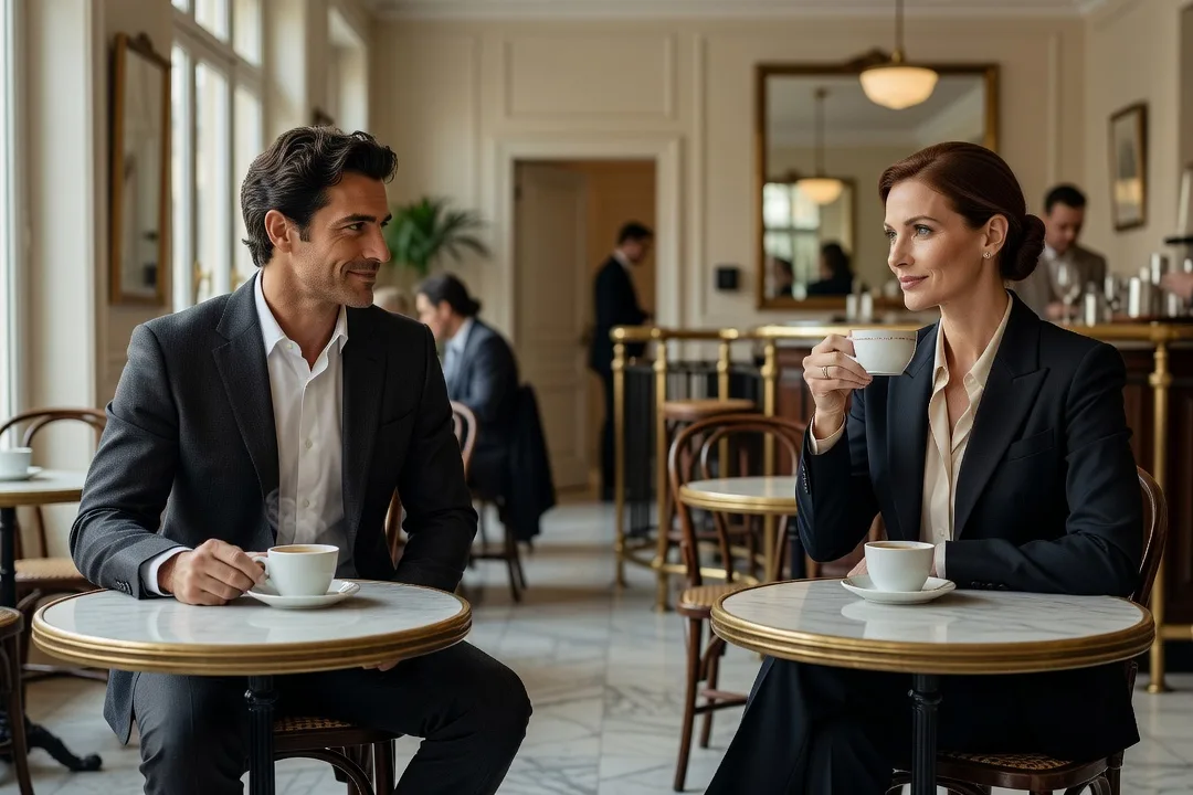 Un homme adulte échange un regard avec une femme élégante dans un café.