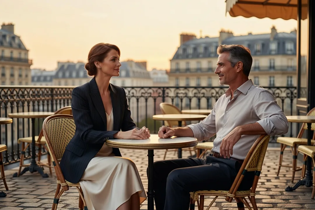 Couple adulte élégant échangeant un regard complice sur la terrasse d'un café