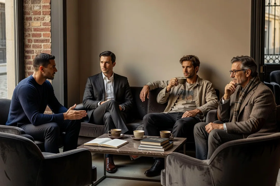 Quatre hommes adultes discutent dans un café, affichant des styles de vie différents.
