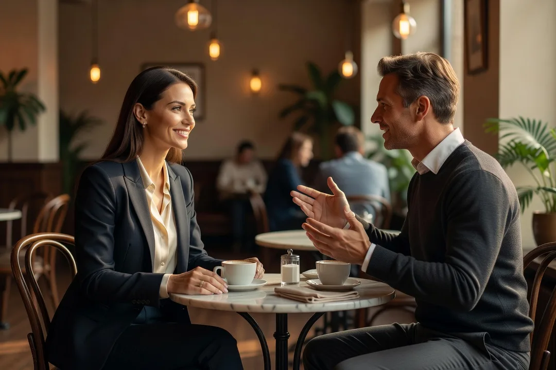 Femme élégante souriant avec attention à un homme dans un café