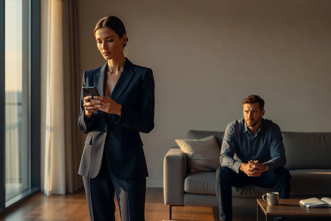 Femme élégante consultant discrètement son téléphone tandis que son partenaire paraît inquiet