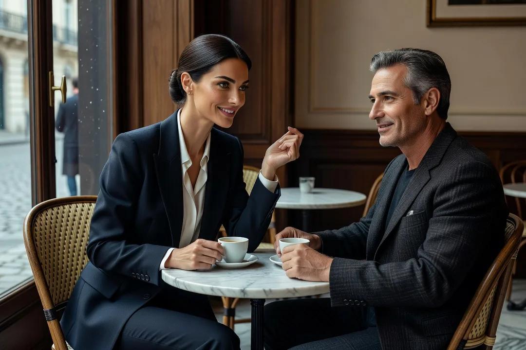 Une femme élégante sourit tendrement à un homme dans un café parisien.