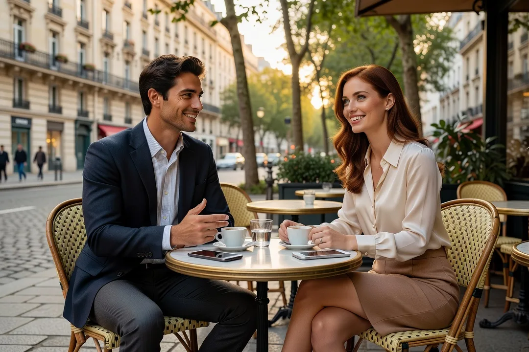 Deux jeunes adultes discutent avec naturel à la terrasse d'un café après les cours.