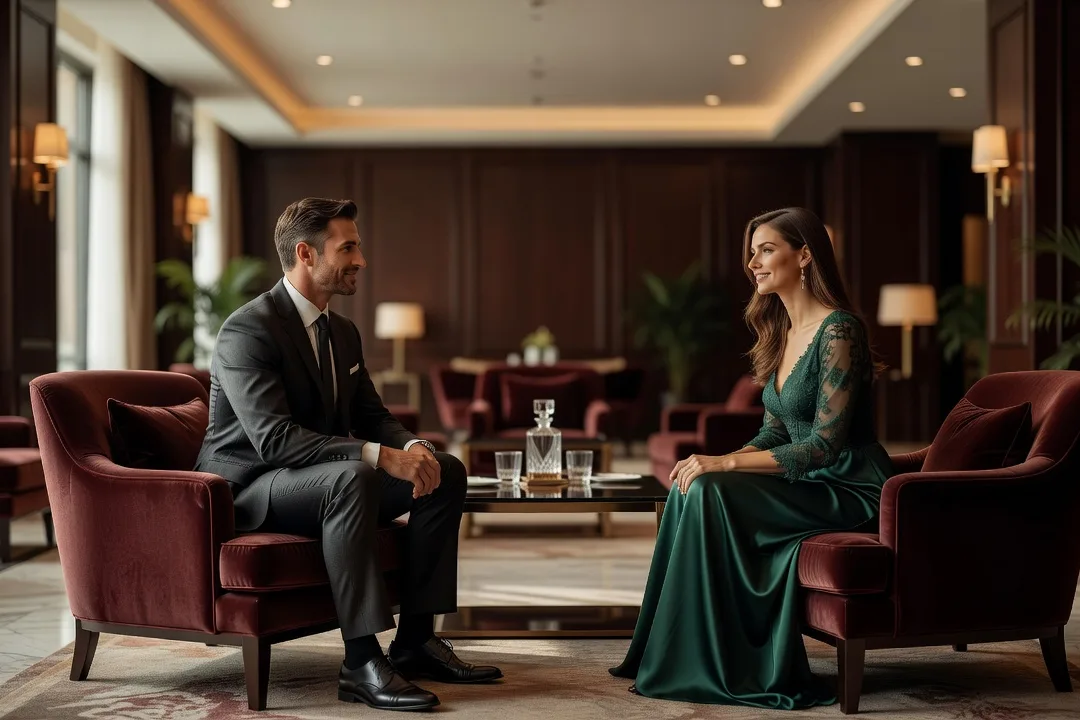 Un homme et une femme élégante échangent un regard dans un salon d'hôtel.