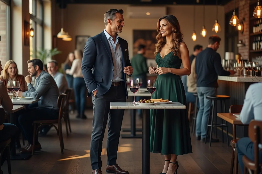Un homme adulte échange avec une femme élégante dans un bar animé.