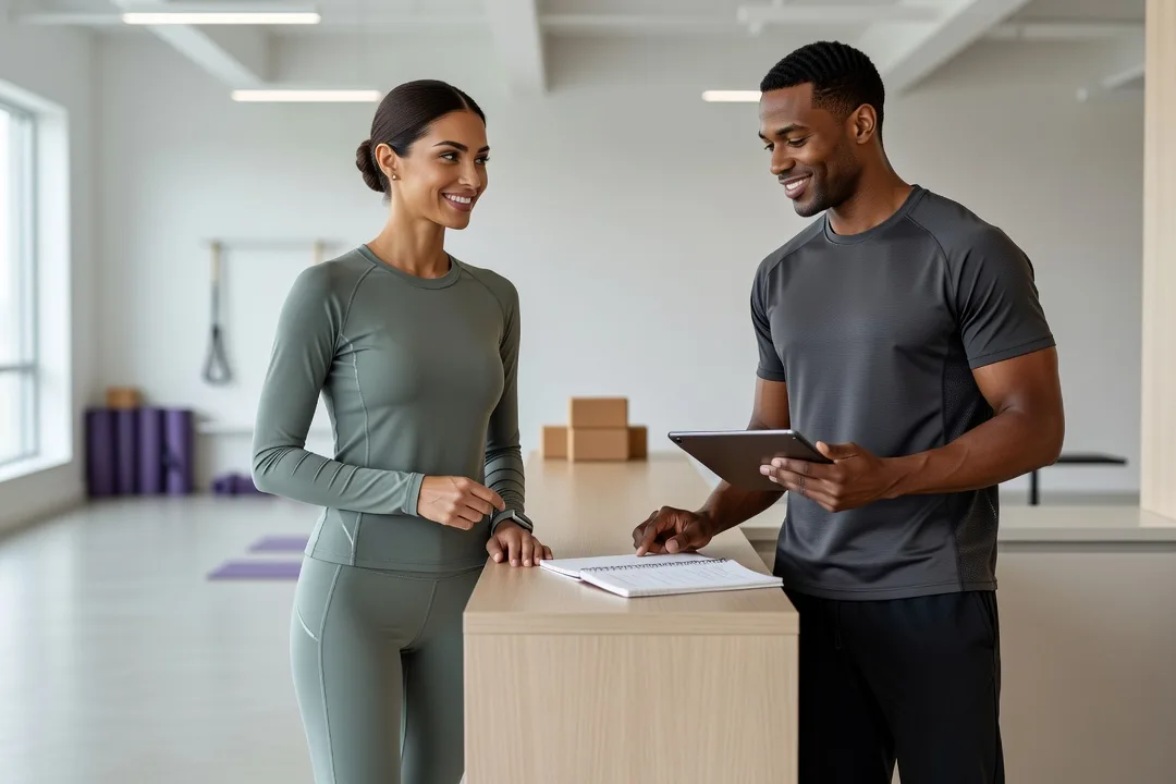 Deux adultes échangent poliment près de l'accueil d'une salle de sport lumineuse.
