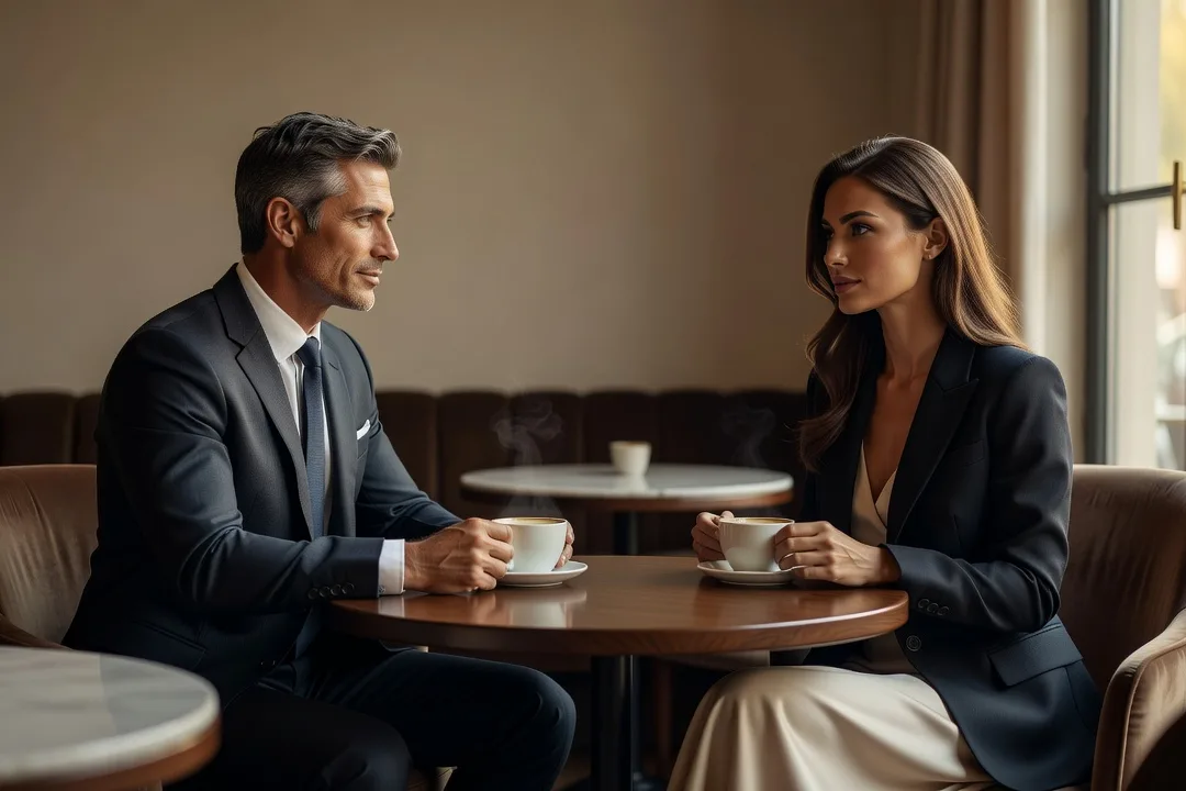 Une femme élégante échange calmement avec un homme attentif dans un café lumineux.