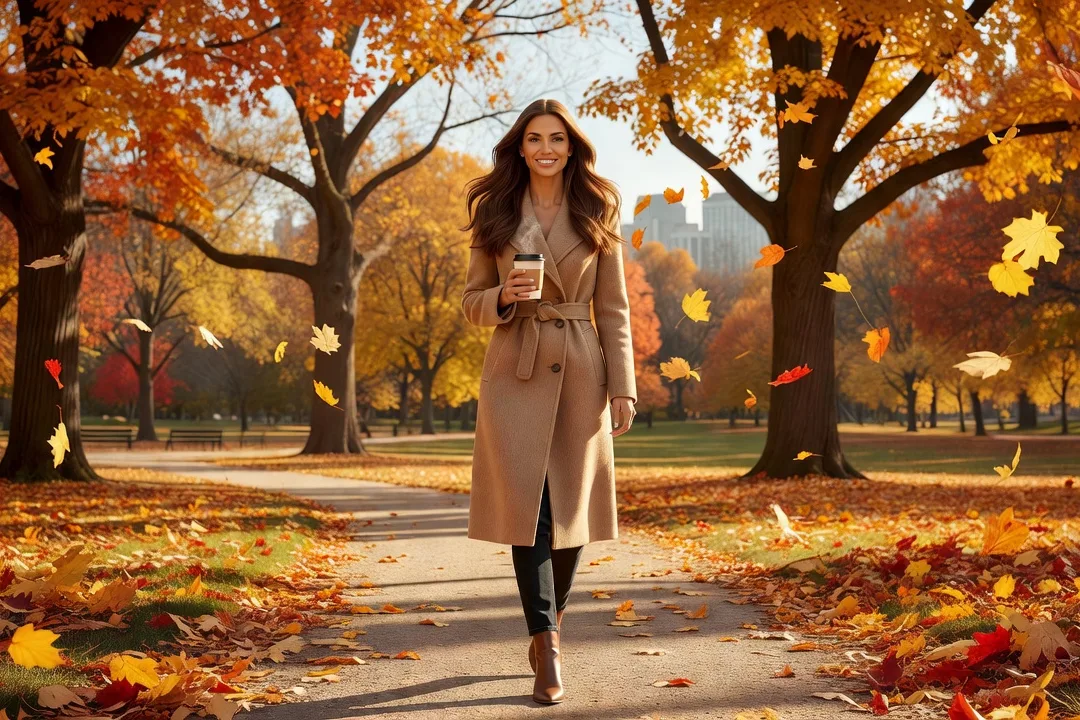 Femme en manteau camel marchant dans un parc en automne, un café à la main