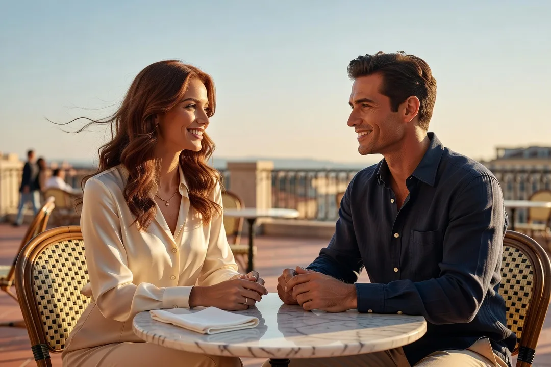 Un homme et une femme discutant à une terrasse de café en fin de journée