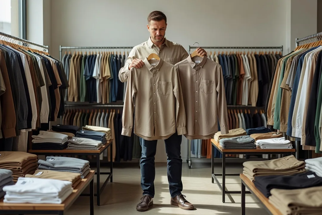 Un homme adulte compare deux chemises sobres dans une boutique de vêtements d'occasion.