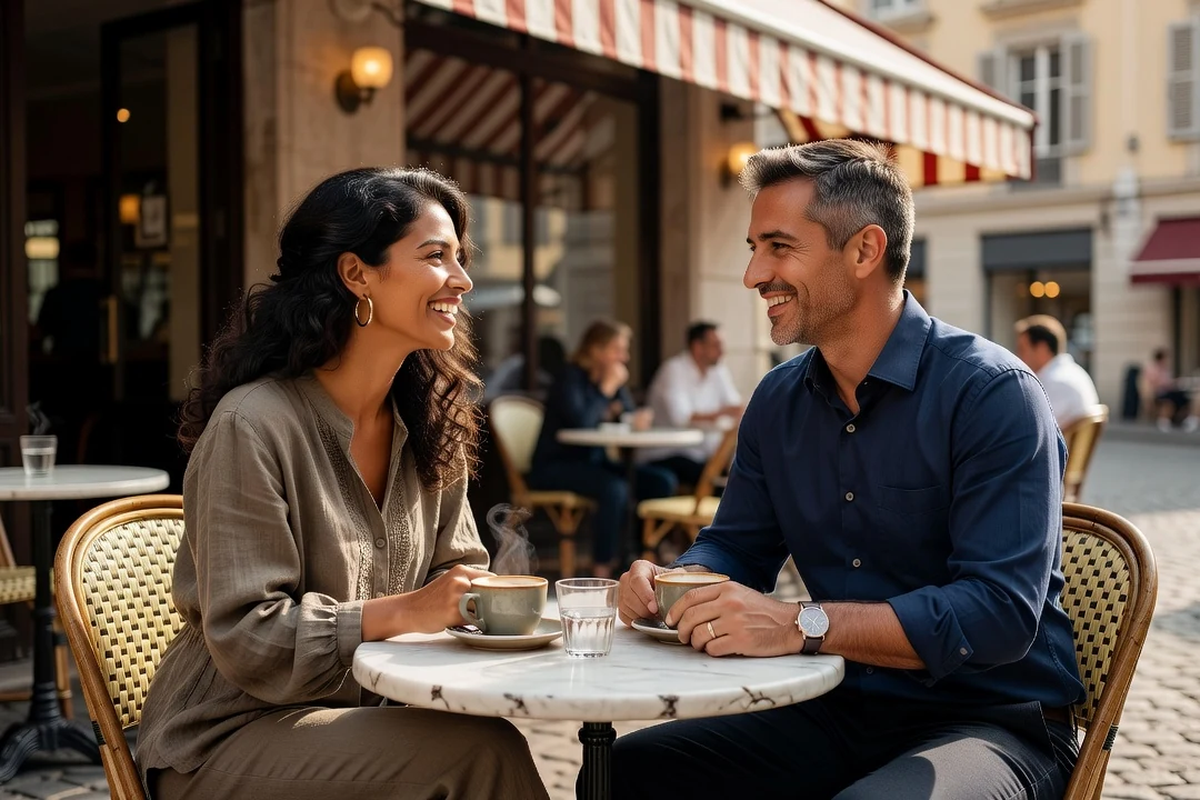 Deux adultes de cultures différentes en conversation face à face à la terrasse d'un café, contact visuel chaleureux