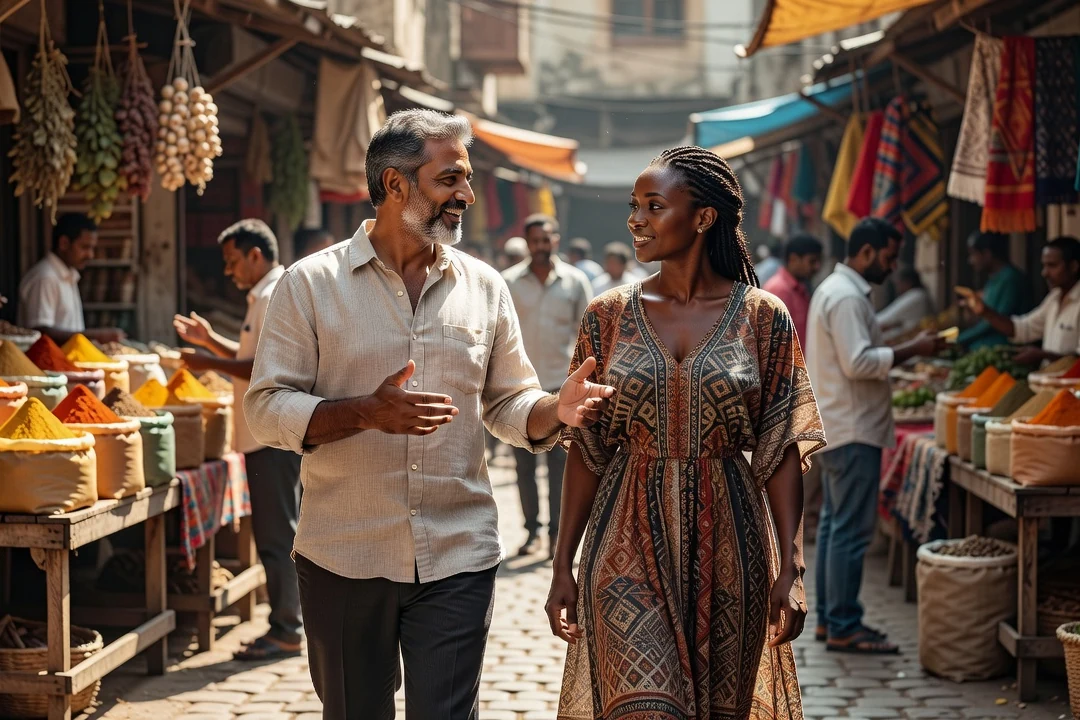 Couple adulte multiculturel se promenant dans une rue de marché animée, gestes naturels et respectueux