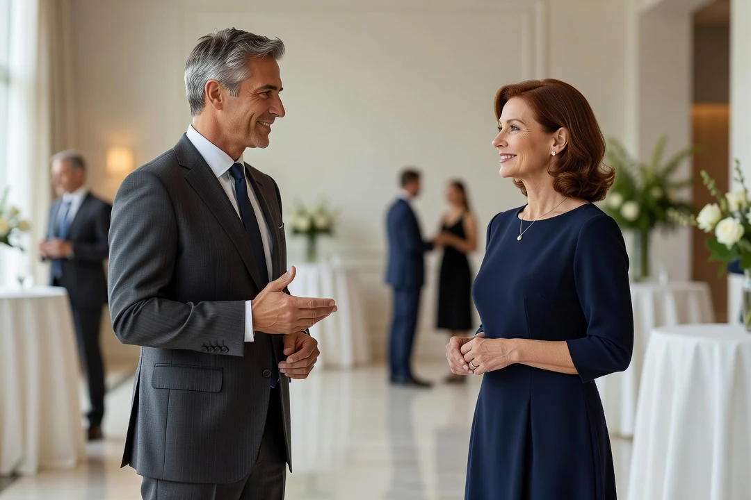 Homme en costume conversant avec une femme lors d'une réception, distance polie et posture ouverte