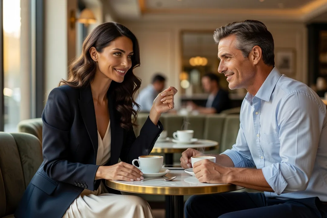 Une femme élégante sourit et soutient le regard d'un homme dans un café.