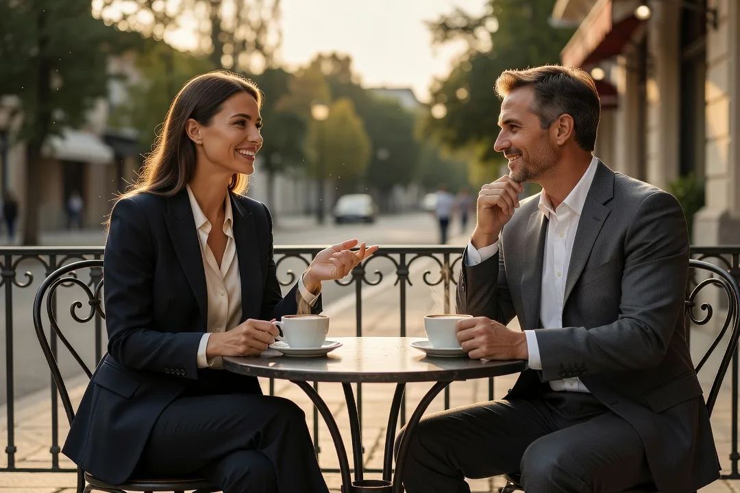 Une femme élégante et un homme adulte échangent avec complicité à la terrasse d'un café.