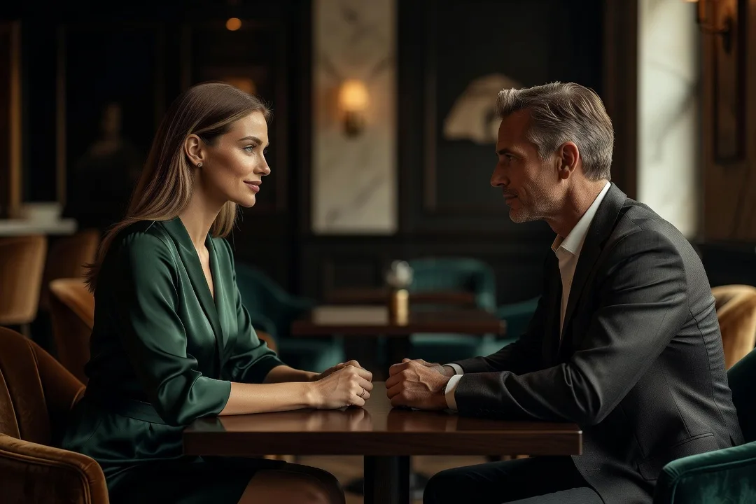 Deux adultes élégants échangent un regard intense lors d'un rendez-vous dans un bar.