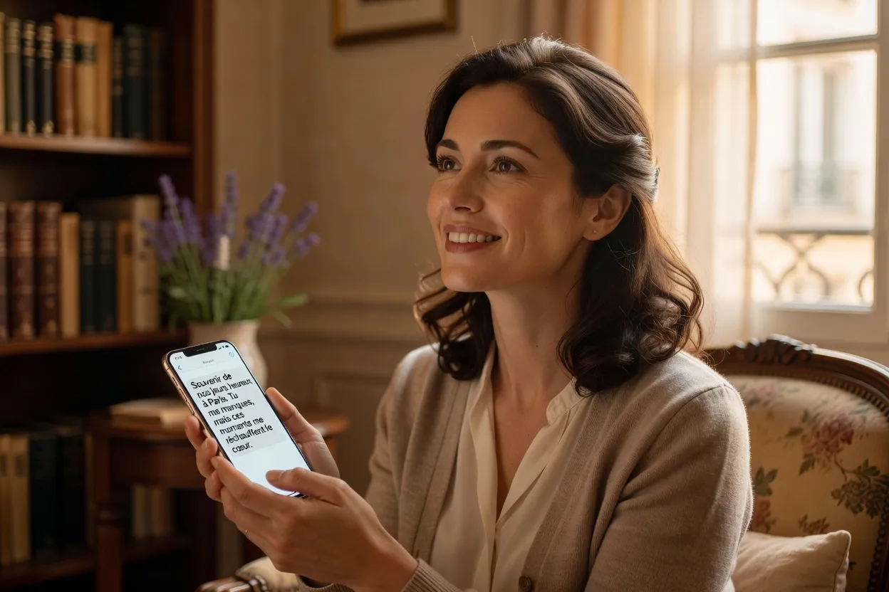 Femme souriant a son telephone recevant un message de reconquete