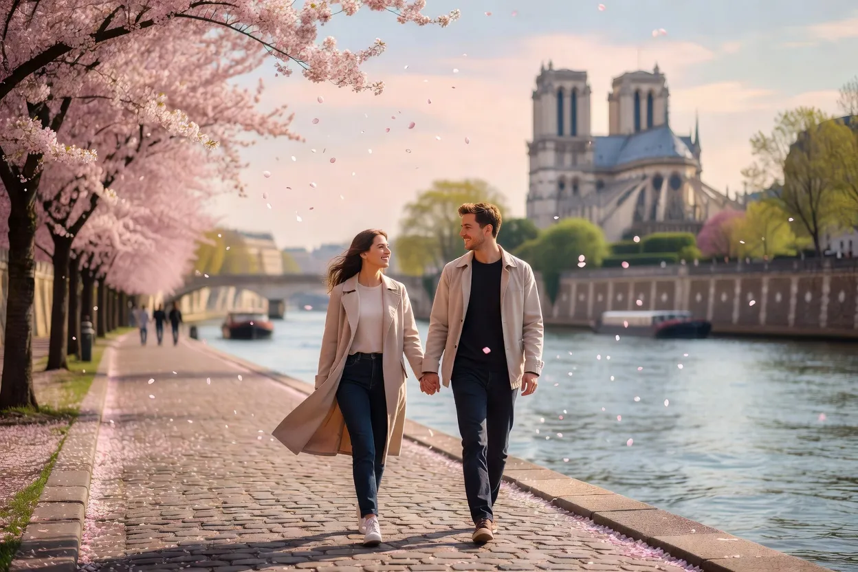 Couple se retrouvant a Paris au printemps apres une separation