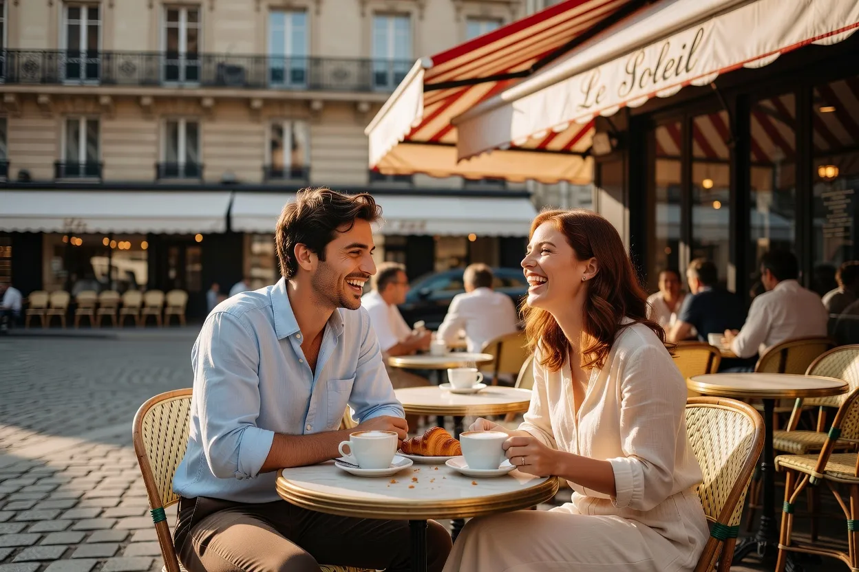 Couple lors d un premier rendez-vous qui se regarde avec complicite