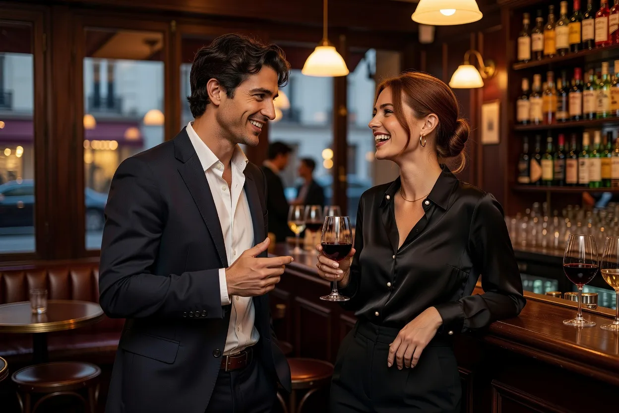 Homme charmant faisant rire une femme dans un bar parisien