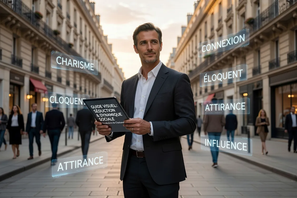 Homme confiant maîtrisant le vocabulaire de la séduction, guide pédagogique moderne
