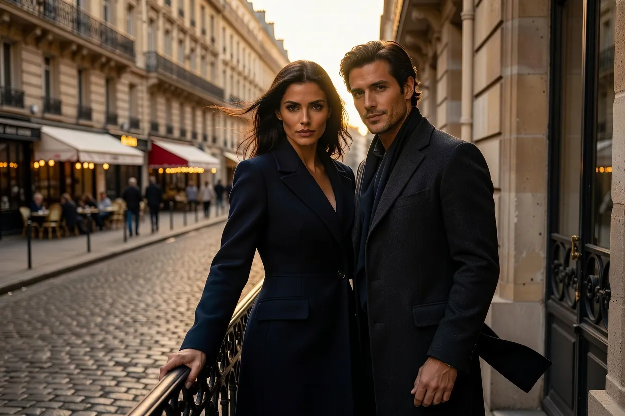 Couple dans une tension romantique subtile, femme confiante, café parisien contemporain