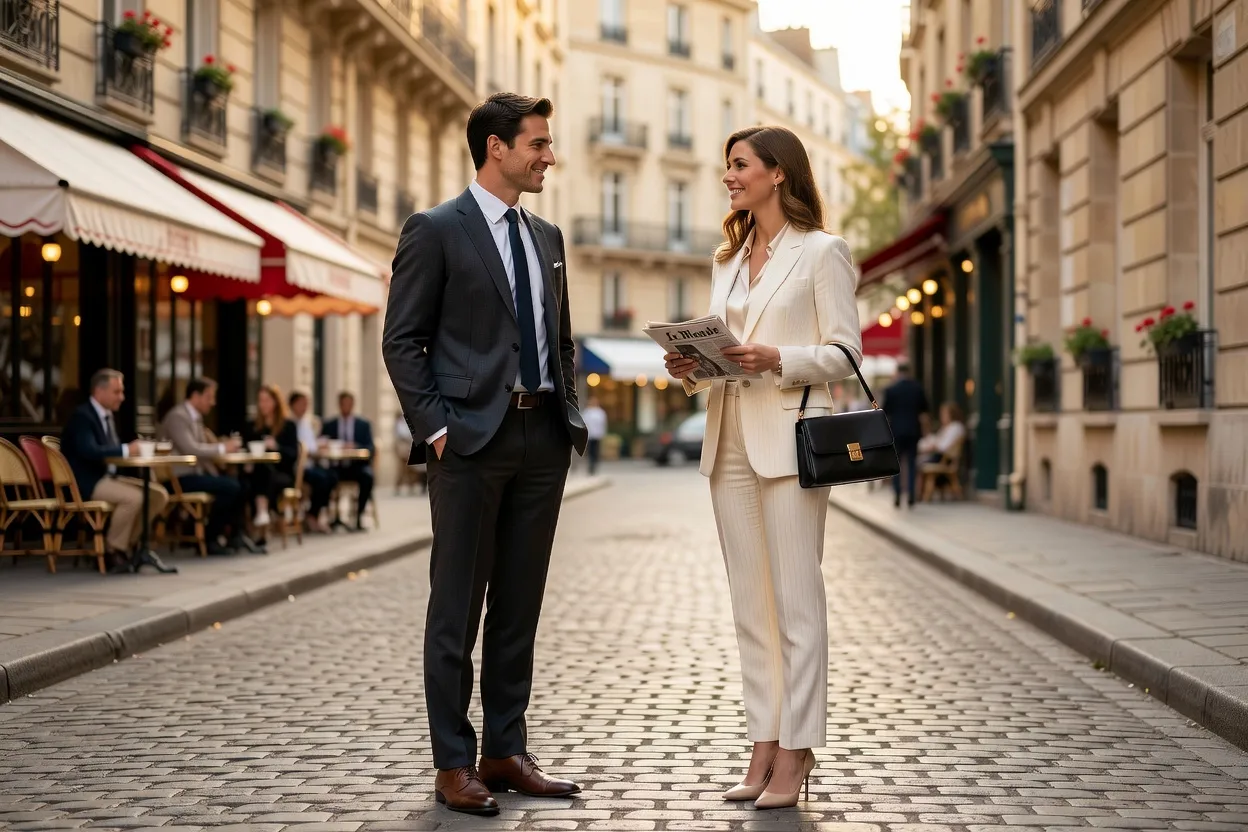Homme confiant en conversation naturelle avec une femme indépendante dans un bar parisien moderne