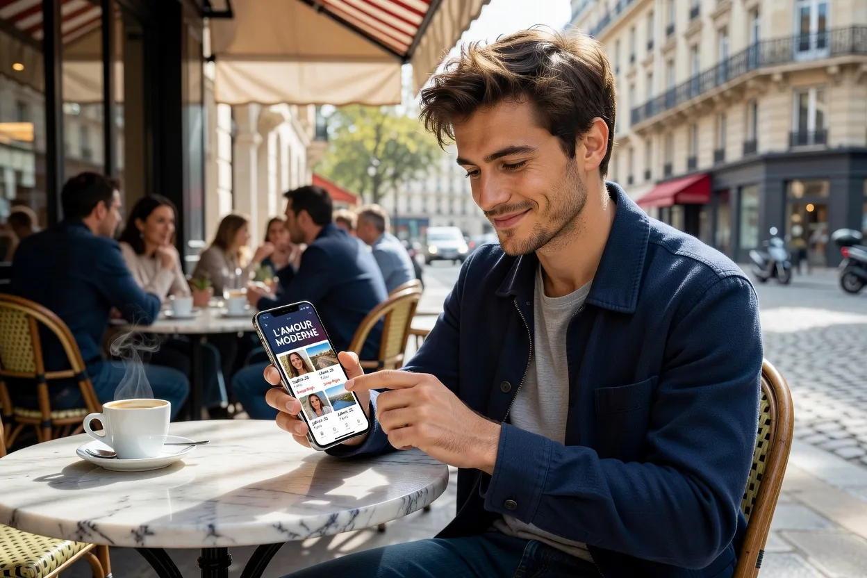 Jeune homme swiping sur une application de rencontre dans un café, expression satisfaite