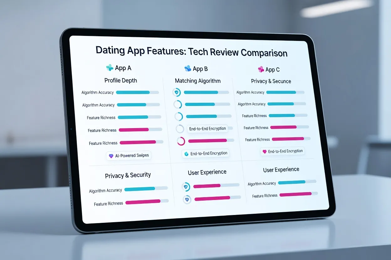 Tablette montrant un tableau comparatif d'applications de rencontre, design moderne