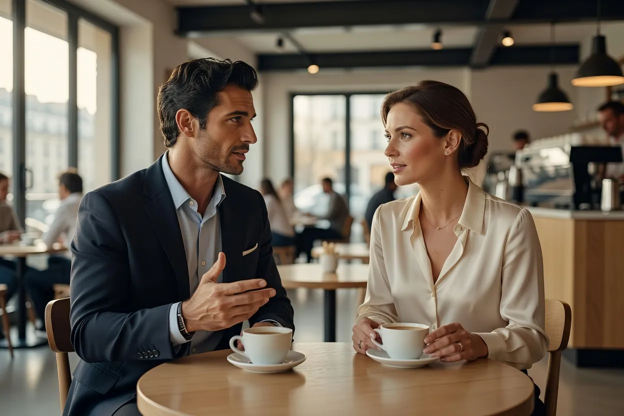 Homme confiant parlant avec autorite a une femme elegante