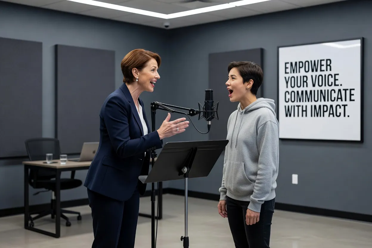 Coach vocal travaillant avec un client dans un studio moderne