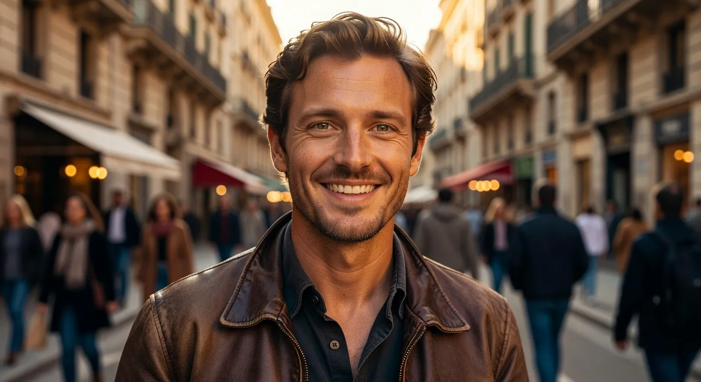 Homme souriant abordant une femme dans une rue animee