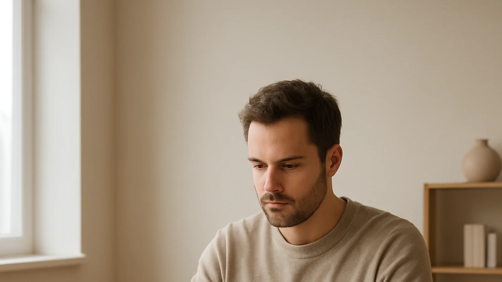 Homme réfléchissant devant son clavier pour écrire un message à une femme étrangère