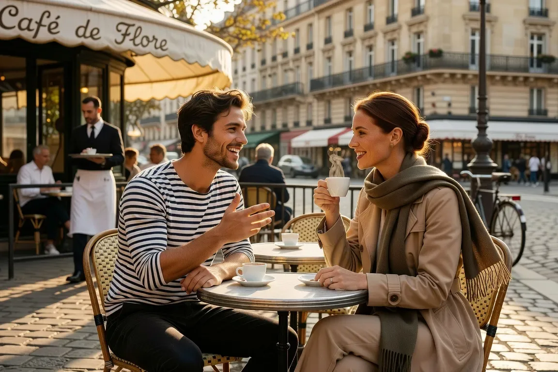 Homme qui engage naturellement la conversation avec une femme dans un café parisien
