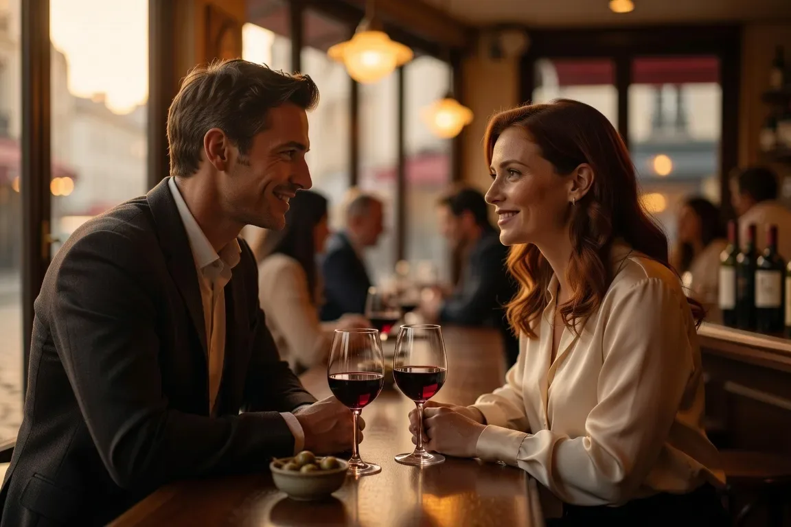 Homme et femme en conversation naturelle, moment de connexion dans un bar parisien