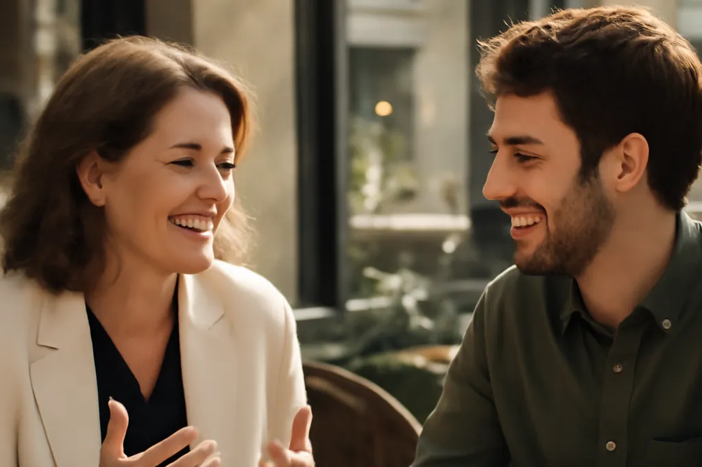 Homme et femme en conversation detendue dans un cafe lumineux