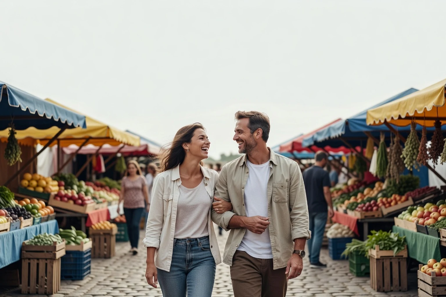 Couple adulte riant ensemble lors d'un deuxième rendez-vous dans un marché en plein air