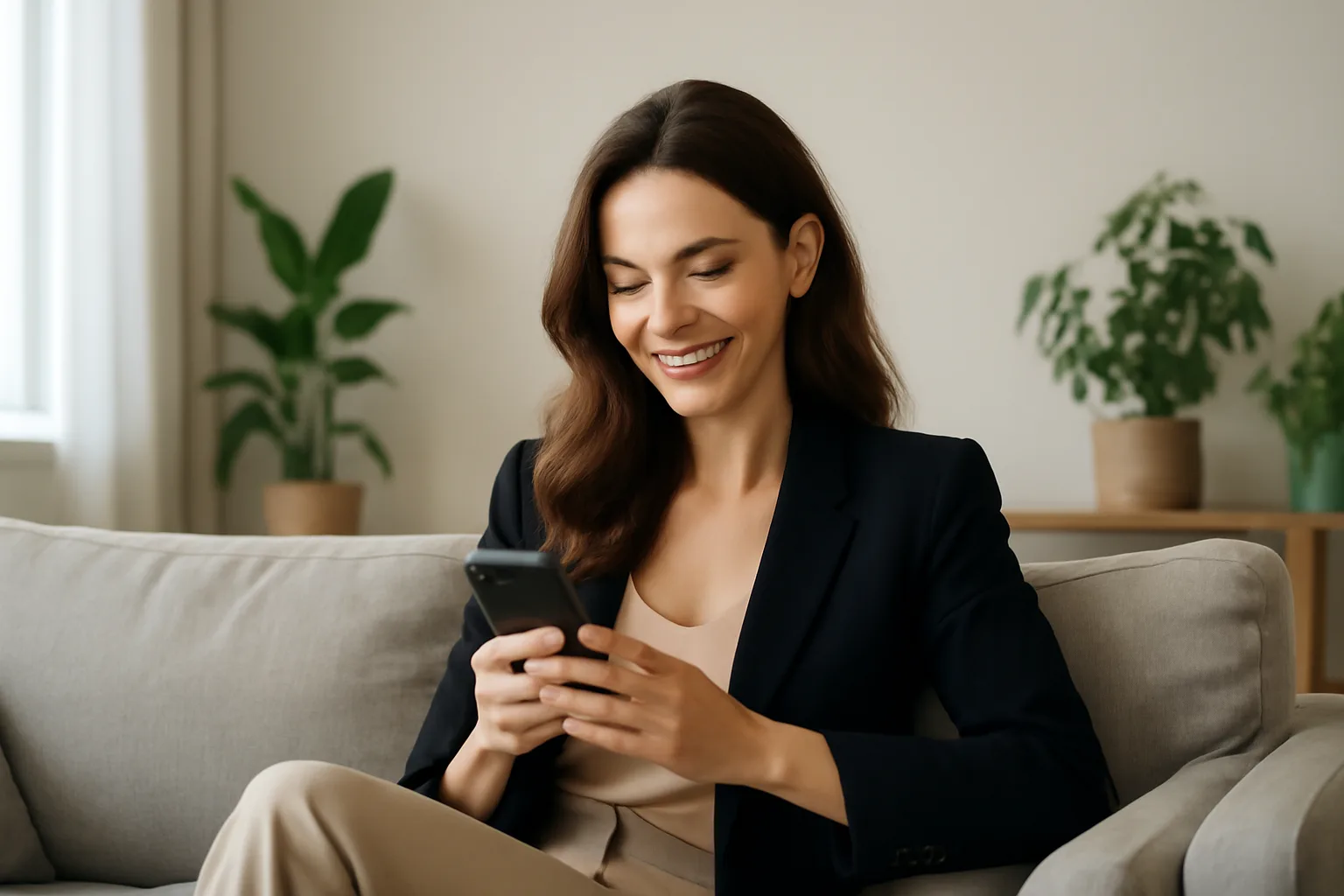 Femme souriante regardant son téléphone sur un canapé dans un salon lumineux