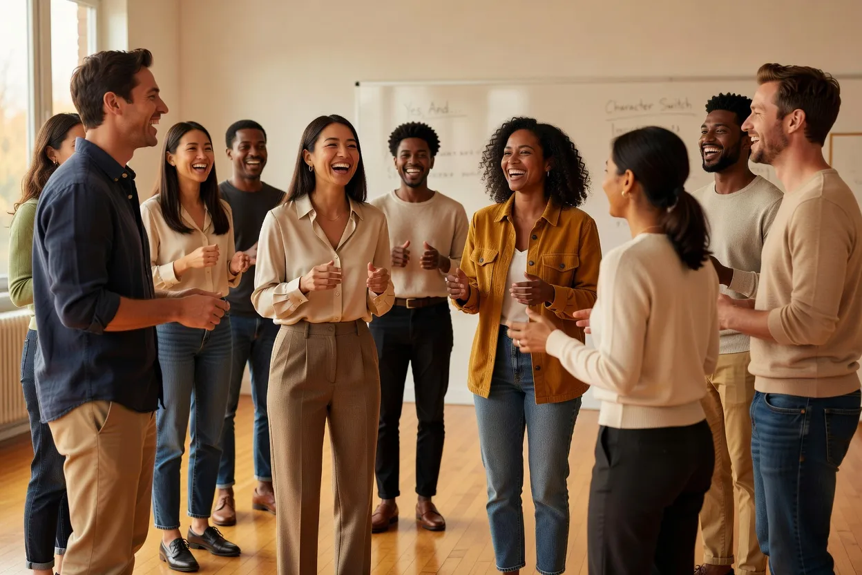 Groupe d'amis souriants participant à un atelier de théâtre ou de prise de parole