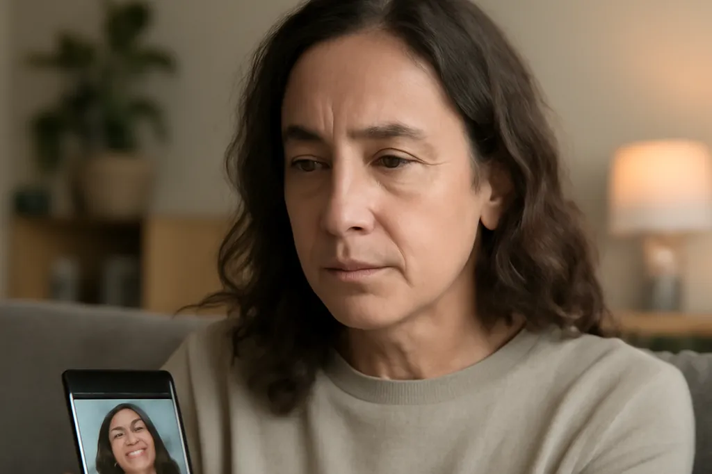 Personne verifiant prudemment un profil sur une application de rencontre sur smartphone