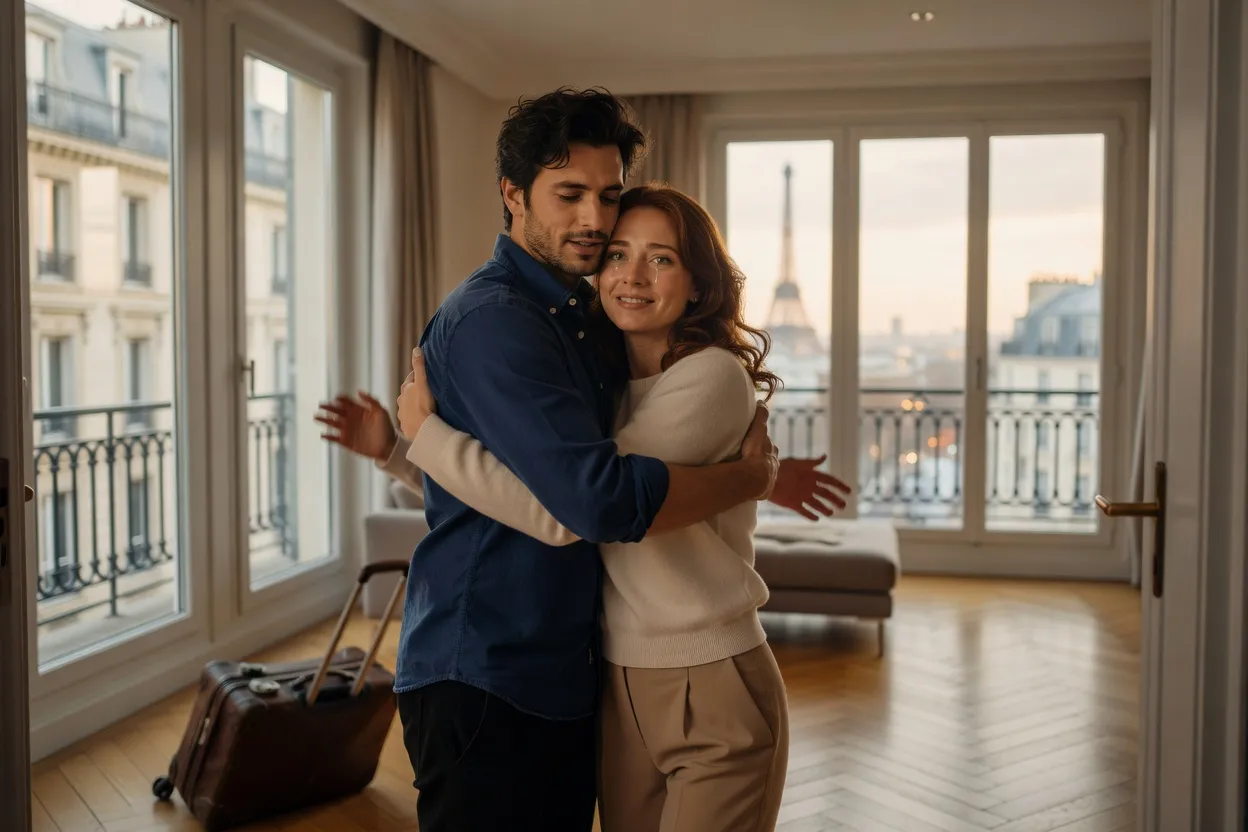 Couple qui se retrouve et se réconcilie dans un appartement, moment émouvant