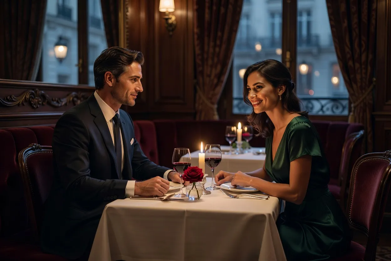 Couple élégant lors d'un premier dîner romantique dans un restaurant parisien