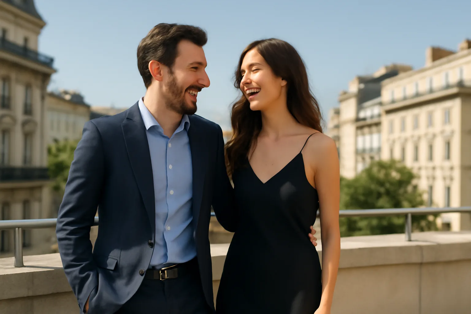 Homme et femme riant ensemble sur une terrasse parisienne