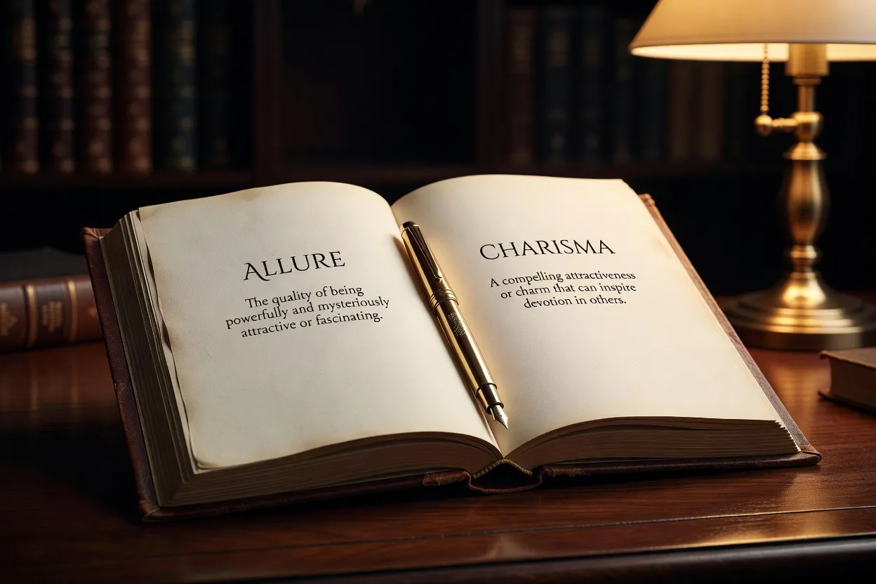 Livre ouvert avec définitions de termes de séduction, style éditorial moderne