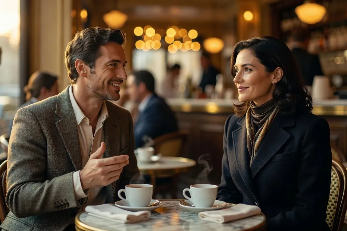 Homme qui engage la conversation avec une femme dans un café parisien en 2026