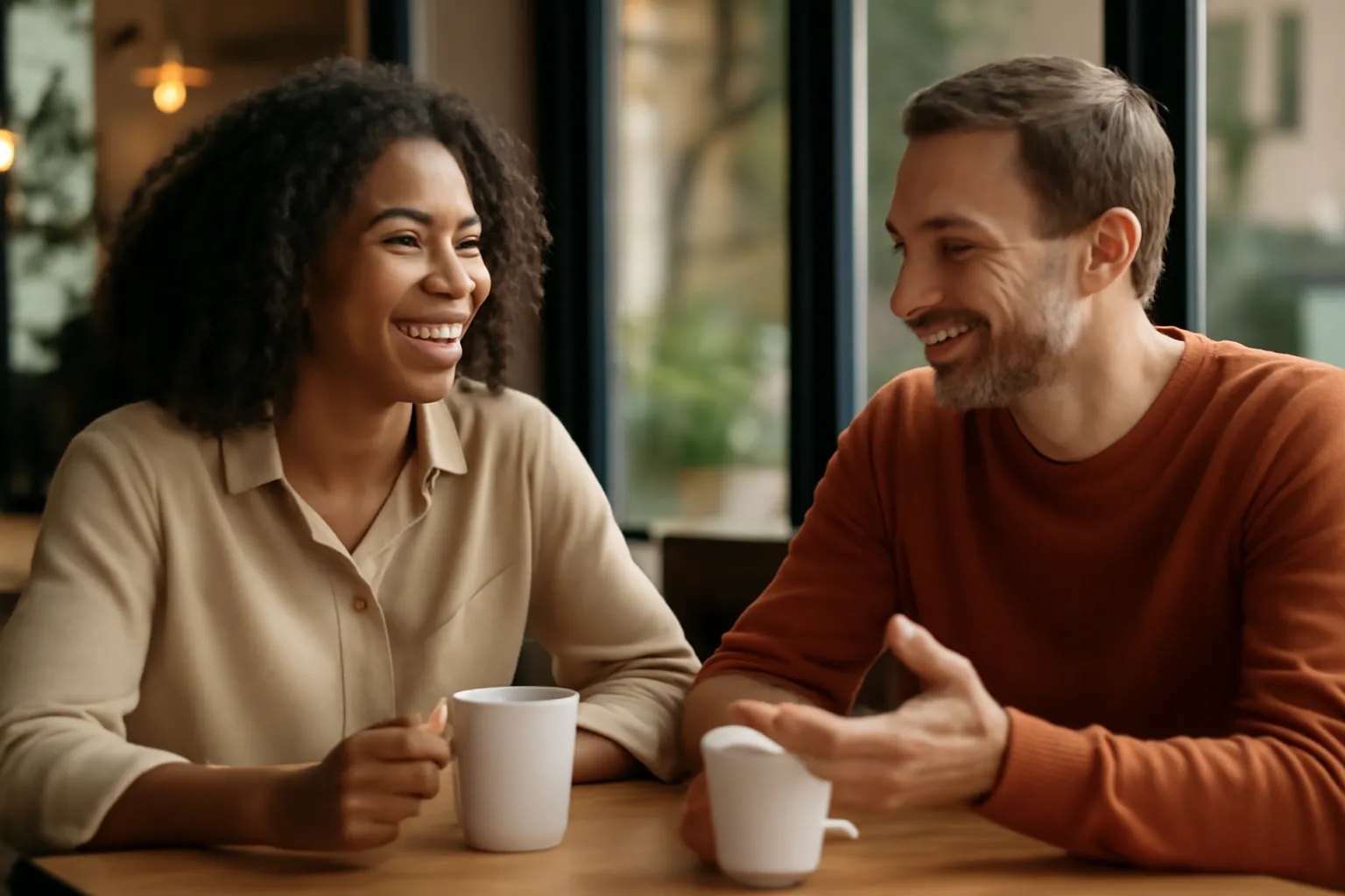 Deux personnes en pleine première conversation dans un café