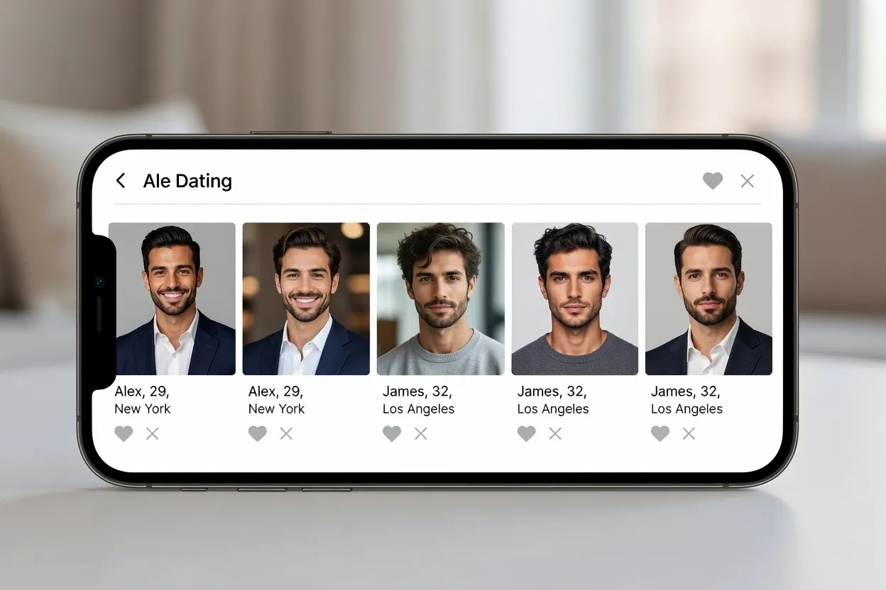 Smartphone affichant une interface d'application de rencontre avec un profil masculin attractif