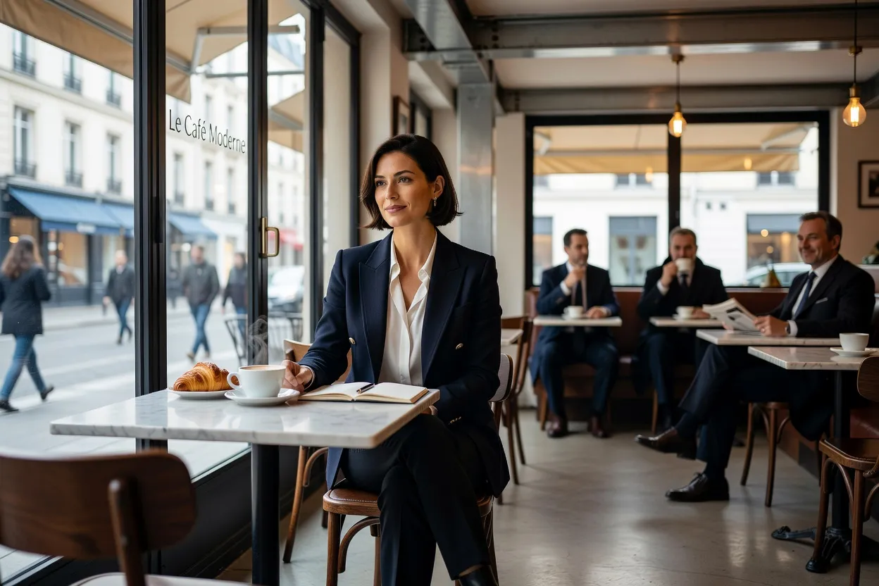 Femme confiante et indépendante dans un café moderne, ambiance parisienne