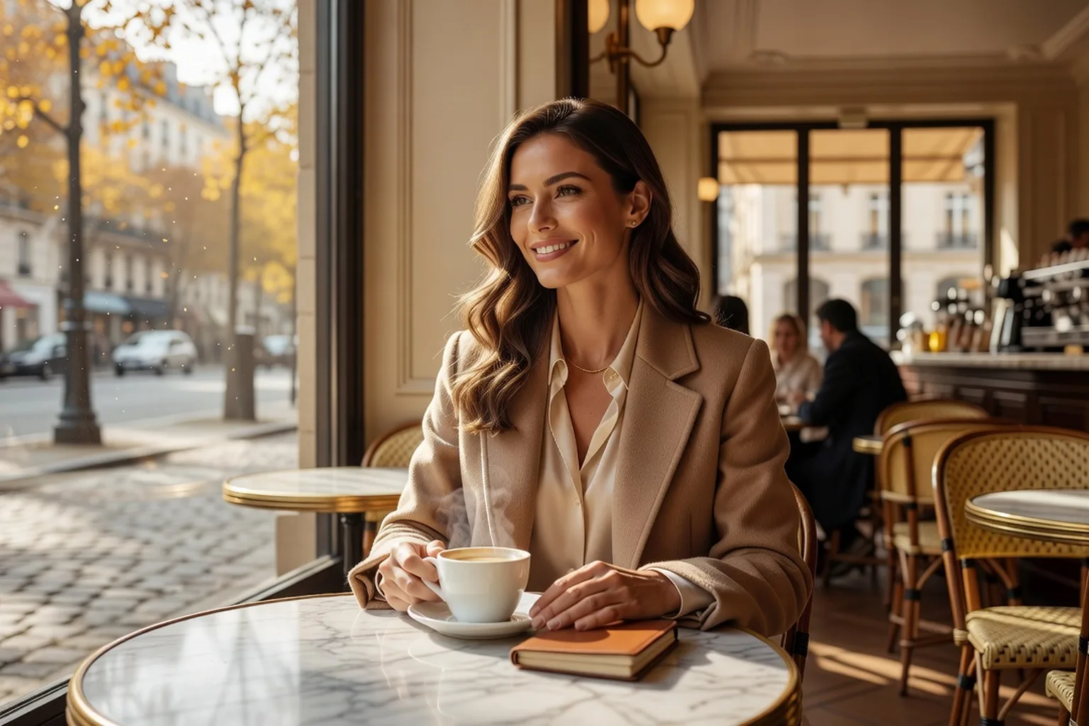 Femme adulte élégante souriante dans un café lumineux, un carnet de rendez-vous posé devant elle