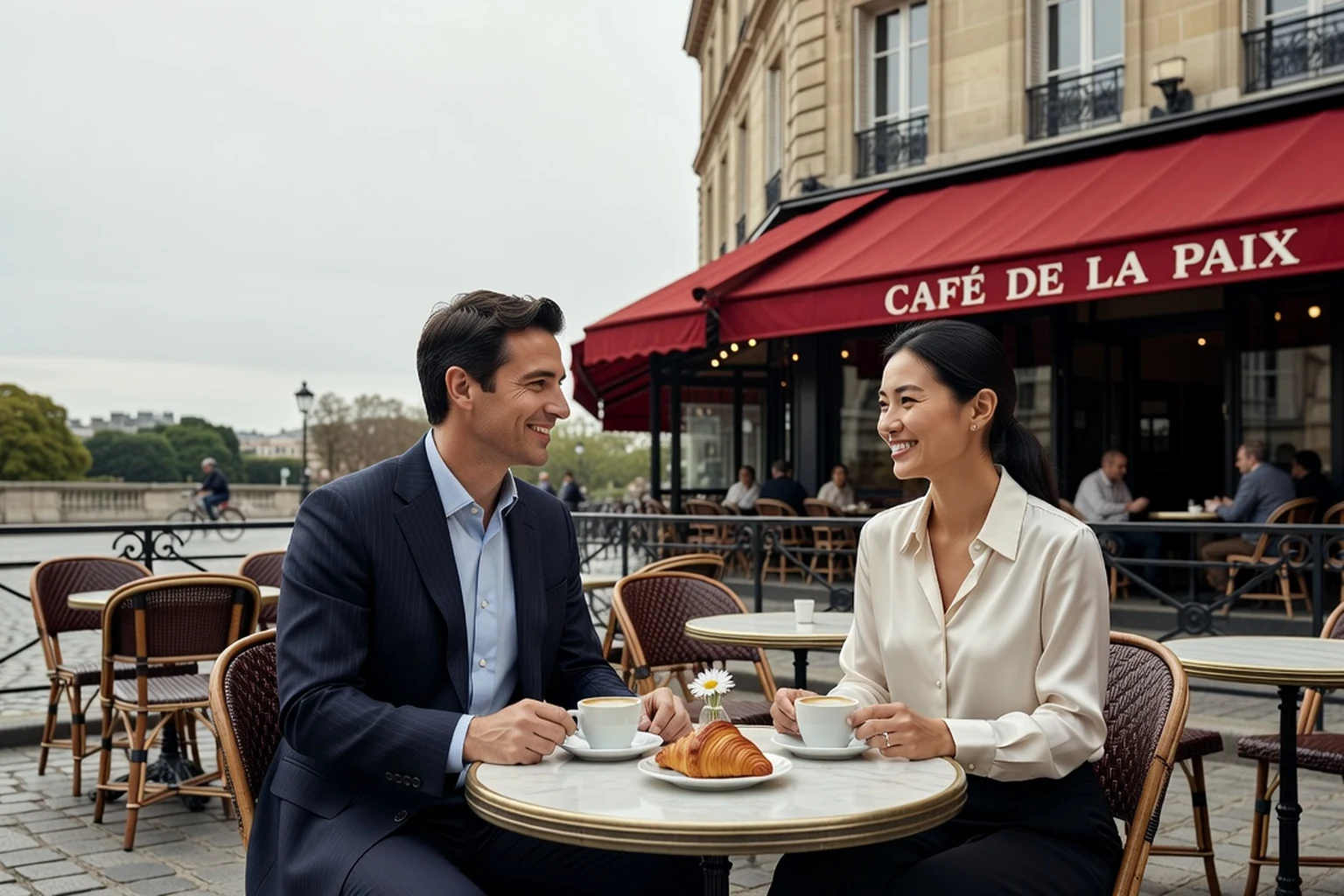 Homme français et femme d'origine asiatique en conversation chaleureuse à la terrasse d'un café parisien